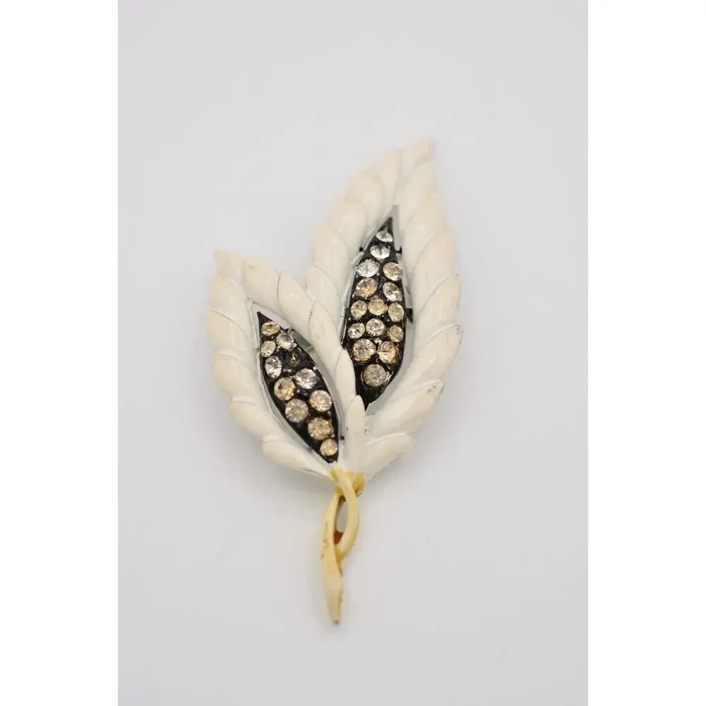 Vintage Leaf Pin Brooch Rhinestone Crystal White Enamel Chunky 1990s BinAT